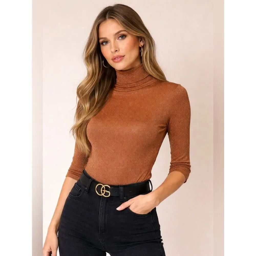 Vintage Michael Stars Metallic Copper Turtleneck Top OSFA USA Ribbed Stretch